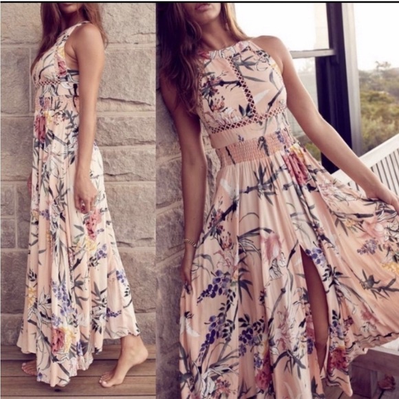 Jaase Endless Summer Bohemian Pink Floral Maxi Dress Smocked Halter Open Back M - Picture 11 of 16